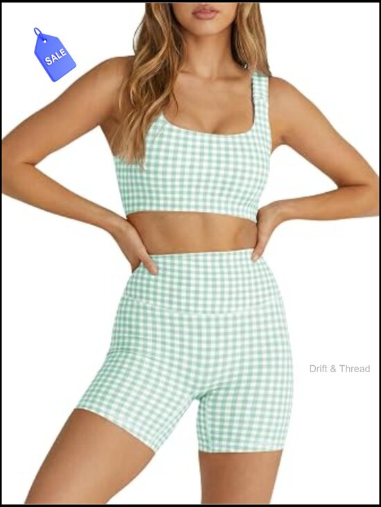 Tops - Gingham 2 Piece Outfit Padded Crop Tank High Waist Sports Shorts Set